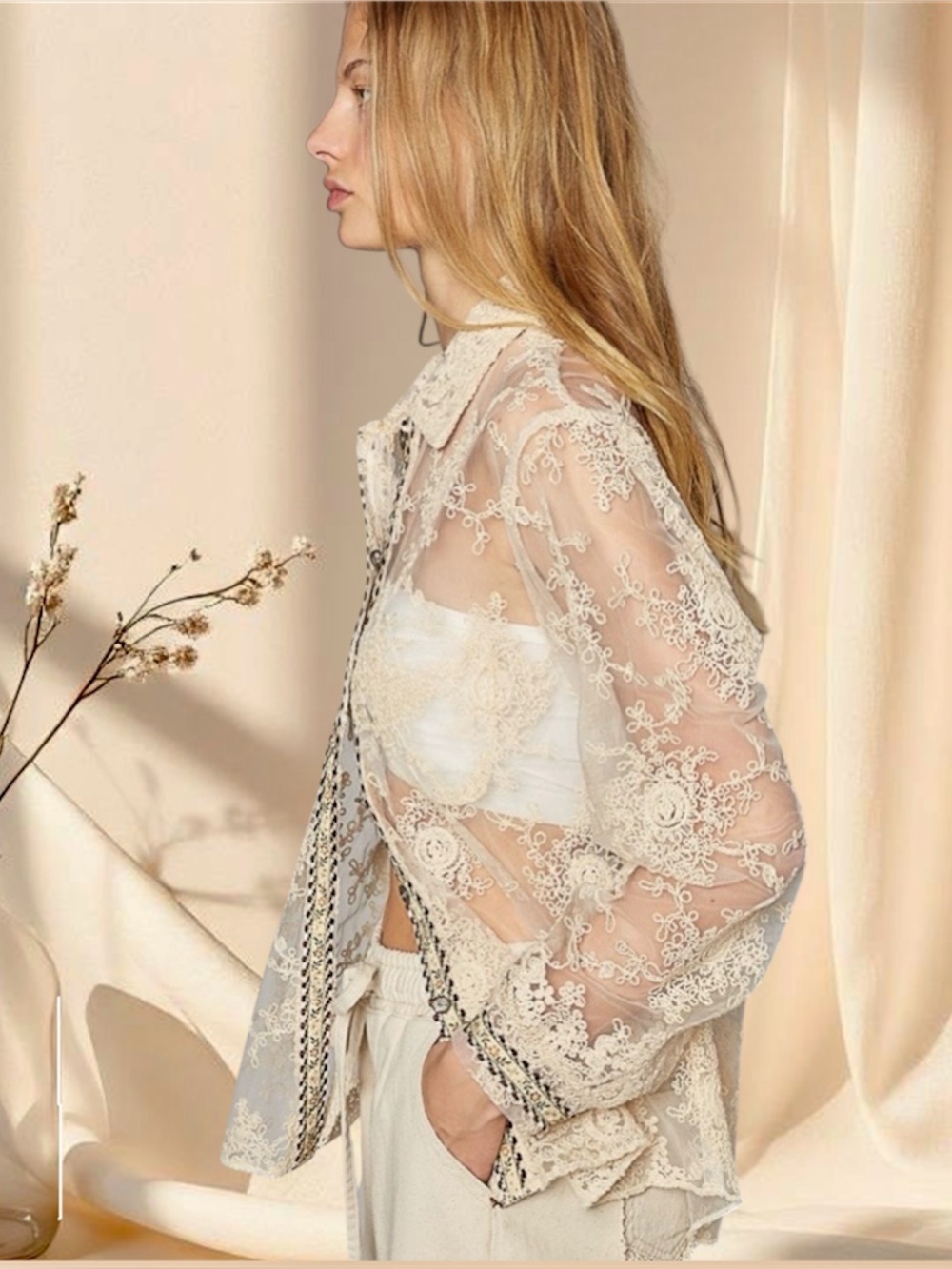 POL Cream Floral Lace Sheer Embroidered Button Down Top - Picture 4 of 6